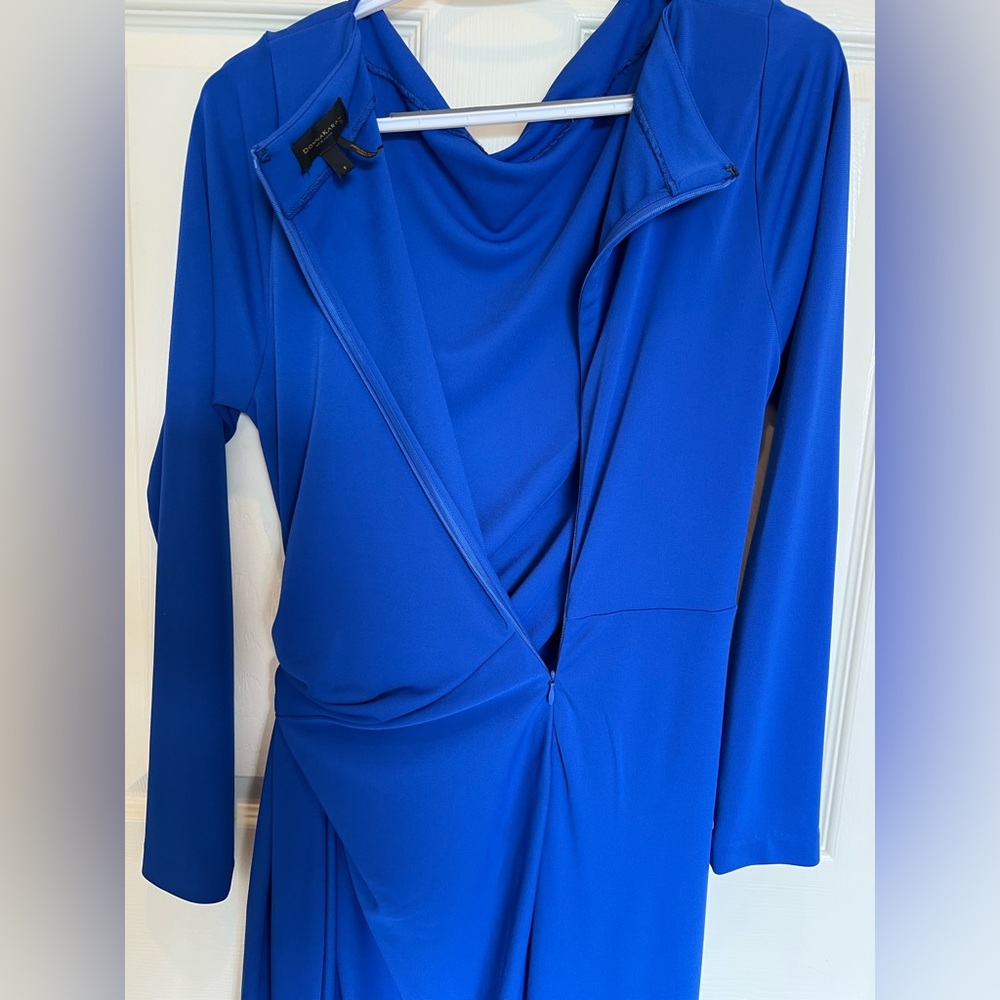 Donna Karan New York Blue Draped Ruched Midi Bodycon Elegant Stretch Dress - Picture 3 of 4